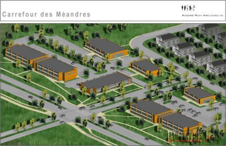 Une esquisse du projet Carrefour des Méandres, projeté le long du nouveau boulevard Robert-Bourassa par la firme Les Développements Du Vallon. Source: Le Journal de l'habitation.
